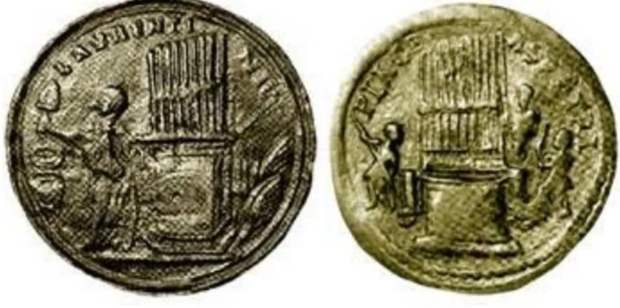 Fig. 4 Organi idraulici in medaglie romane, il contorniato di Nerone (I sec d.C.) e quello di Valentiniano III (V sec d.C.) da  (Williams et alii) 