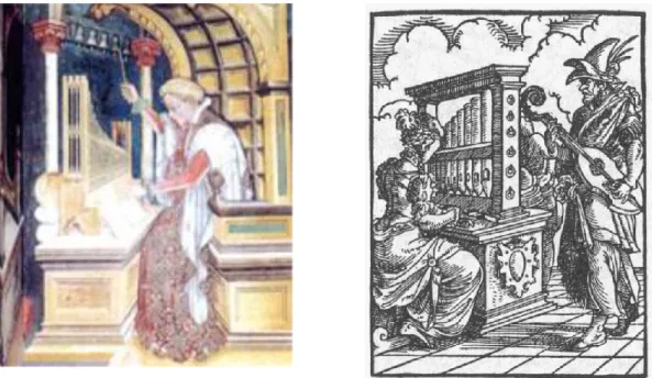 Fig. 14 A sinistra: l’organista di questa miniatura medievale suonava l’organo e agitava campanelli,  a destra: battacchi a forma di anelli sulla fiancata dell’organo Jost Amman (Amman) 