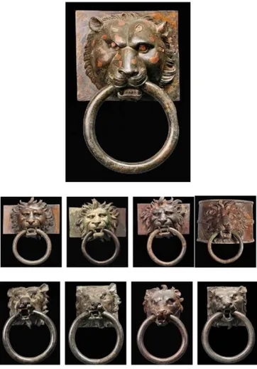 Fig. 15   Le teste in bronzo di animali: leoni, lupi, pantere, con i loro anelli o anche battacchi rinvenute sulle navi di Nemi (De  Stefani) 