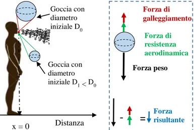 Figura 1. Equilibrio delle forze che agiscono sulle gocce emesse dall’individuo.  