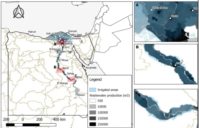 Figure 16: Egypt current location of wastewater production hotspots and location of irrigated areas