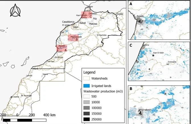 Figure 18:  Morocco current location of wastewater production hotspots and location of irrigated areas