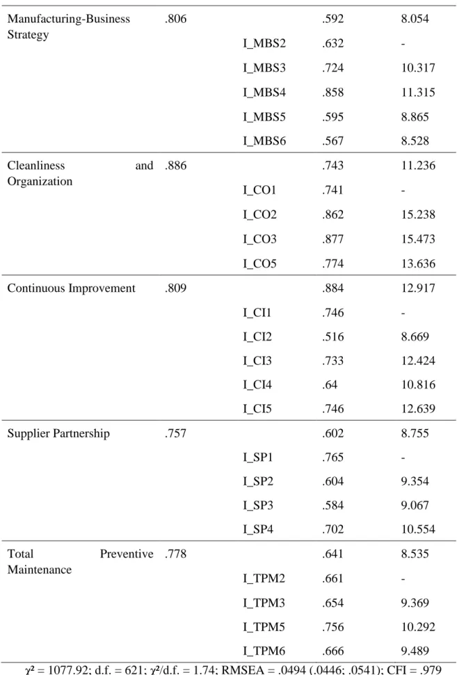 Table 2.2: Infrastructure factor loadings, t-values and fit indices (part B)  Manufacturing-Business  Strategy  .806  .592  8.054  I_MBS2  .632  -  I_MBS3  .724  10.317  I_MBS4  .858  11.315  I_MBS5  .595  8.865  I_MBS6  .567  8.528  Cleanliness  and  Orga