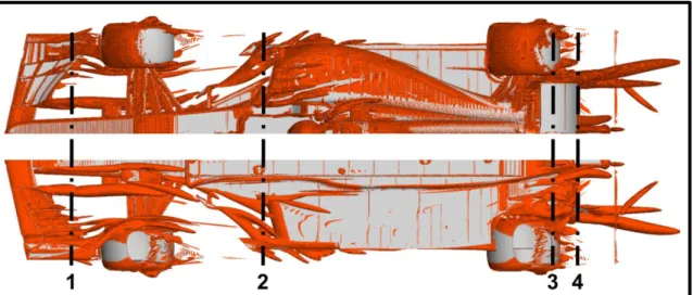 Figure 3.8  Iso-contour of Q = 50000 1/s 2  and cross sections – top and bottom view 