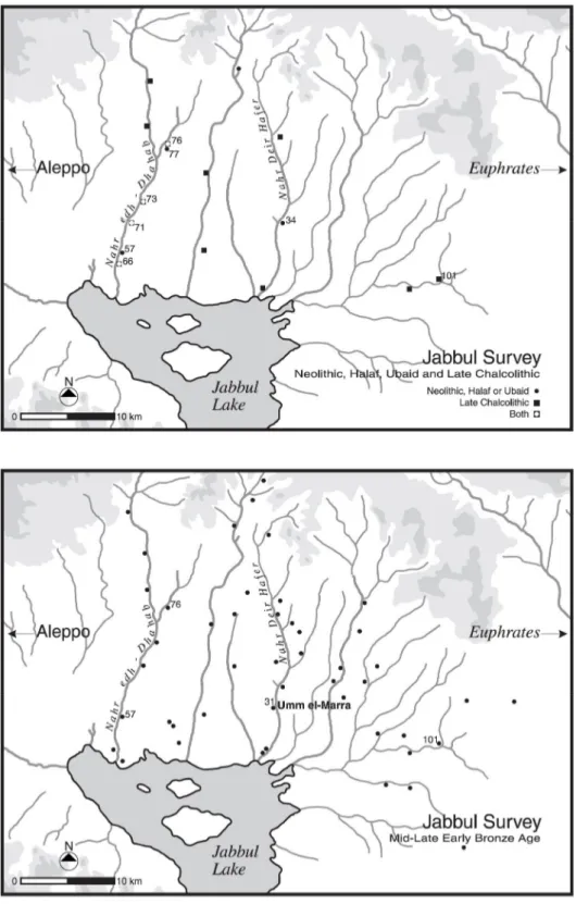 Fig. 8: Distribuzione dei siti della piana del Jabbul dal Tardo Neolitico alla fine del Bronzo Antico (da  S CHWARTZ ET AL 