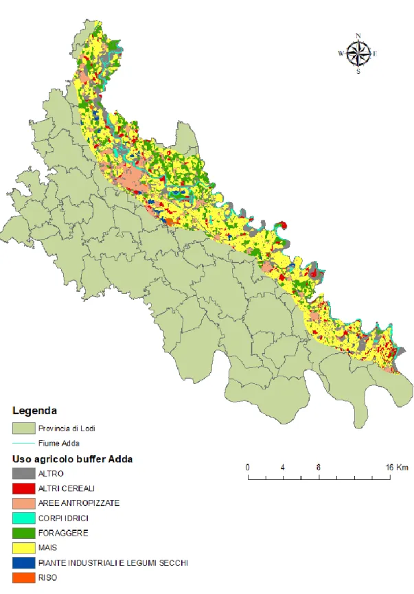 Figura 3.4 - Uso agricolo delle zone adiacenti al fiume Adda nel 2012 (elaborazione dati SIARL 2012)