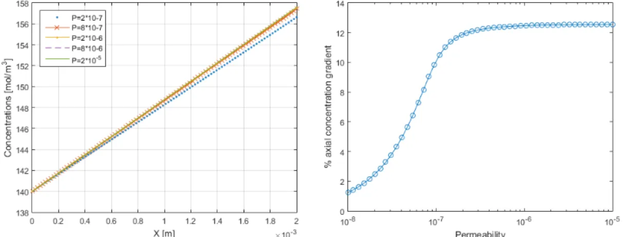 Figure 3.3: Concentration profiles for V m,2 = 2πr 2,e · 10 −5 [mol.m −1 .s −1 ] .