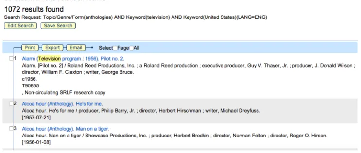 Figure 1. Screenshot of the results for the query  I run on the UCLA Film &amp; Television Archive   30 online catalog