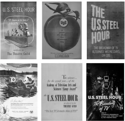 Fig. 12. Advertisements for The U.S. Steel Hour. 1st row left to right: Variety (Jan. 5, 1955); Variety (Jul