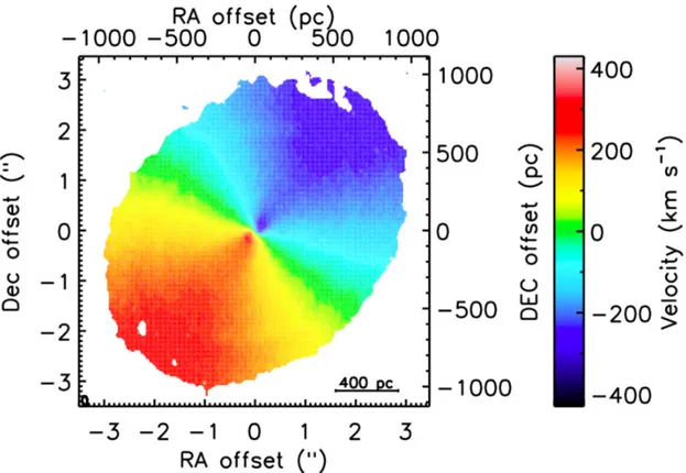 Figure 1.14: Moment one (i.e. mean velocity) map of the CO(2-1) emission in 3C31 presented by North et al