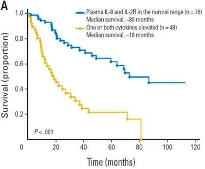 Fig 13: Increased survival of patients with normal levels of IL-8 and IL-2R (blue) as compared to patients  with one / both cytokines increased in plasma (yellow)(45)