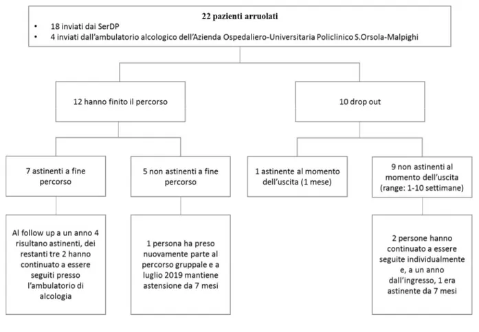 Figura 2. Schema riassuntivo del percorso terapeutico e dei risultati dei 22 pazienti arruolati nello  studio 