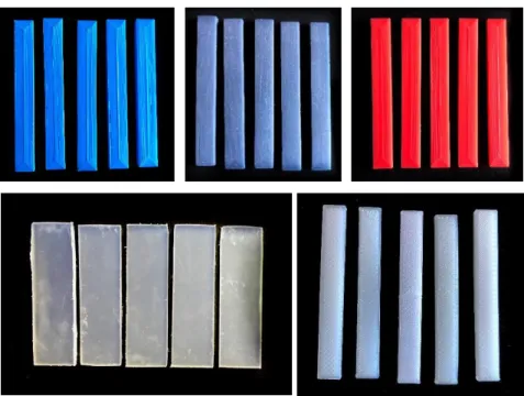 Fig 16. Provini di materiale diverso: ABS (blu), PLA (azzurro), PETG (rosso) utilizzati per le  prove meccaniche 