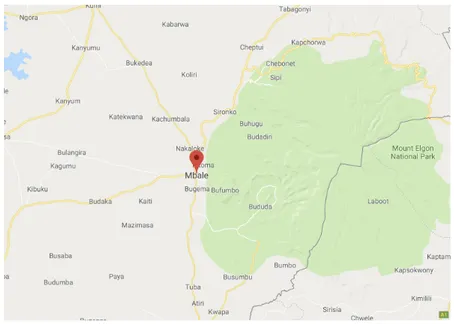 FIGURE	11.	MAP	OF	FIELD	SITES	IN	THE	EAST:	MBALE	AND	MOUNT	ELGON.	SOURCE:	GOOGLE	MAPS		