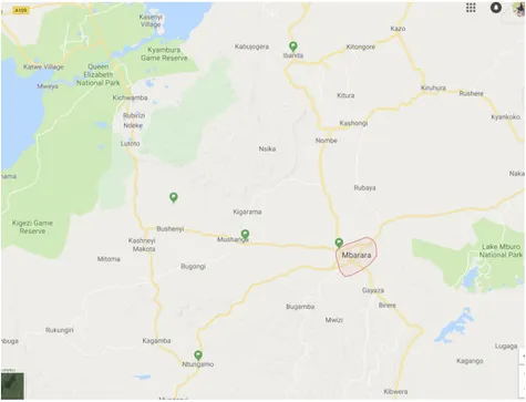 FIGURE	 12.	 MAP	 OF	 FIELD	 SITES	 IN	 SOUTH-WEST:	 MBARARA,	 NTUNGAMO,	 SANGA,	 BUSHENYI,	 KIRUHURA	 (IBANDA).	SOURCE:	GOOGLE	MAPS		