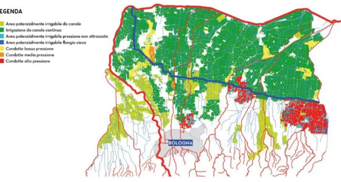 Figura 17. La divisione del comprensorio del Consorzio della Bonifica Renana secondo il metodo di consegna irrigua  (Consorzio della Bonifica Renana, 2017)