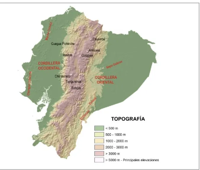 Figura  2  –  Mappa  topografica  dell’Ecuador  con  le  principali  cordigliere  e  i  più  importanti  rilievi 