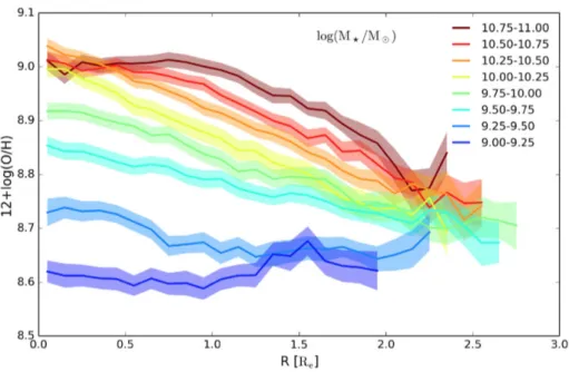 Figure 1.6: Metallicity gradients in the radial range 0.5−2 R e , using the O3N2 diagnostic (Pettini &amp; Pagel 2004, see Sec