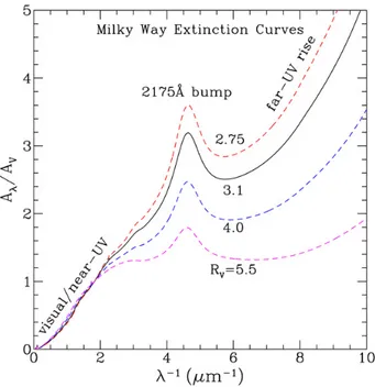 Figure 1.13: Different extinction curves for the Milky Way, as a function of R V . This figure is taken from Li (2006).