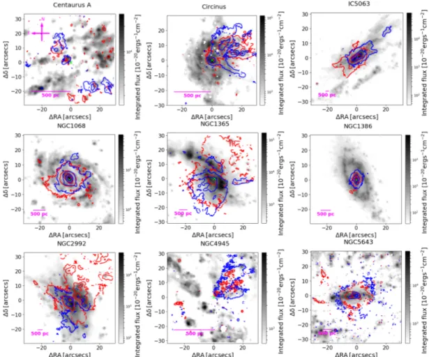 Figure 2.5: Hα disk component flux maps (not corrected for dust reddening) for all the galaxies, namely Centaurus A, Circinus, IC 5063, NGC 1068, NGC 1365, NGC 1386, NGC 2992, NGC 4945, and NGC 5643