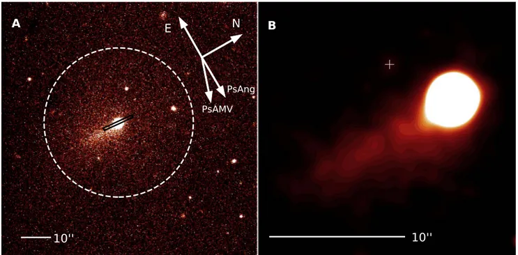 Figure 1. Panel (A) shows a debiased, ﬂat-ﬁelded, 45 s r′ exposure of Echeclus and its coma, observed with the AGC of X-Shooter on 2016 October 7