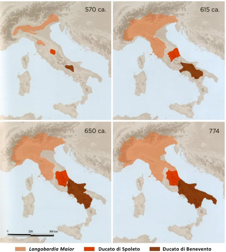 Figura 2.  La progressione della conquista longobarda dell’Italia (Brogiolo et al., 2017) modificata