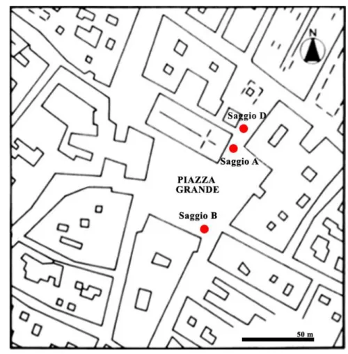 Figura 6. Collocazione topografica dei tre saggi indagati durante gli scavi della necropoli di Piazza Grande