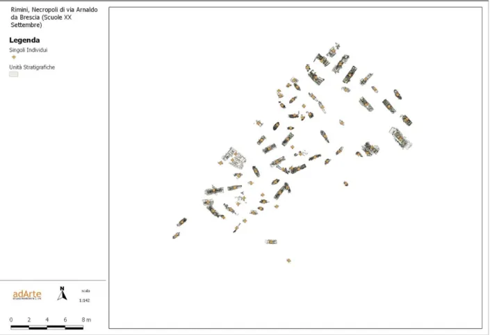 Figura 10. Planimetria generale relativa alla necropoli riminese Scuole XX settembre (Gugnali et al., 2012)