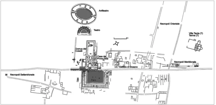 Figura 11. Planimetria generale dell'area urbana con indicata la posizione delle tre necropoli della città di Suasa