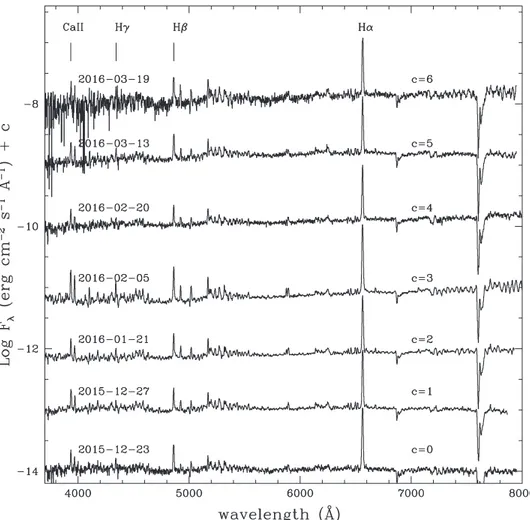 Figure 4. Optical low-resolution spectra of V1118 Ori taken with the 1.22 m Asiago telescope during the peak phase