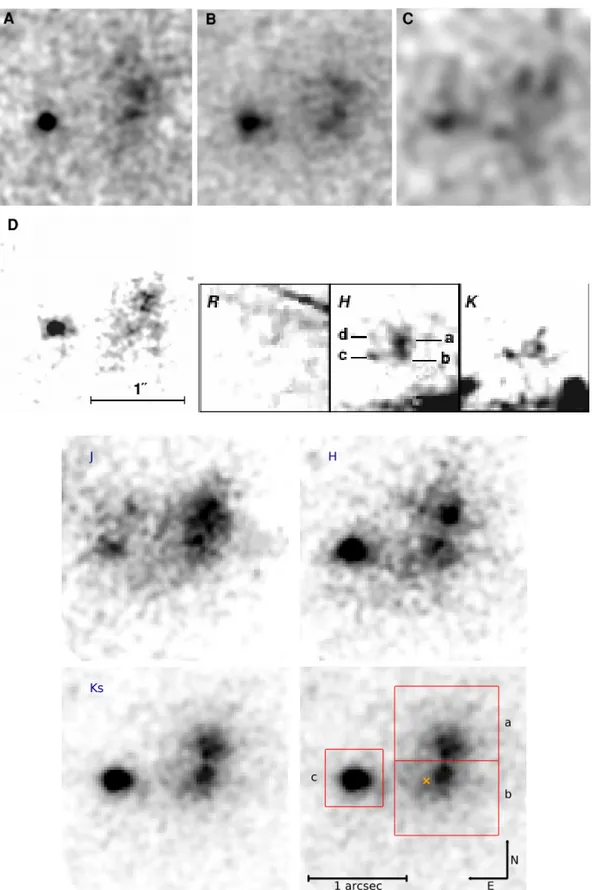 Fig. 3. Two uppermost rows: AO NIR images of 3C 294 from earlier publications. Panel A: Keck II NIRSPEC K 0 image from Stockton et al.