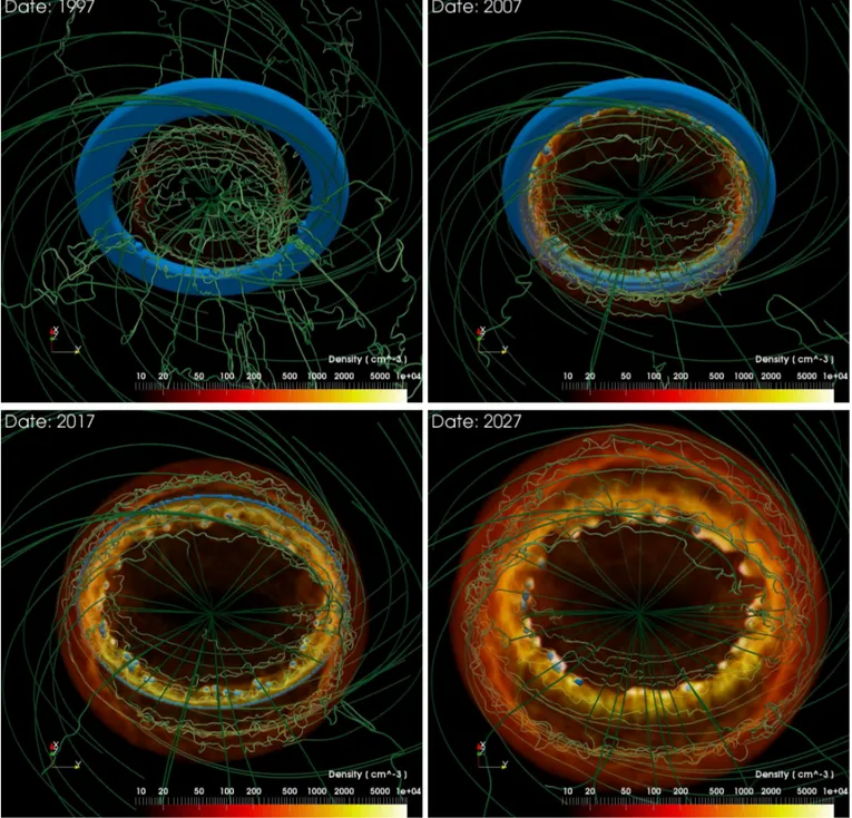 Fig. 2. Three-dimensional volume rendering of the number density during the interaction of the blast wave with the magnetized nebula at the labeled times for model MOD-B1