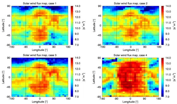 Fig. 1. Solar wind flux maps of precipitating H + and He ++ ions onto Mercury’s surface in units of s −1 m −2 for four different cases varying in the strength of the IMF, the solar wind bulk velocity v bulk , the solar wind density (H + and He ++ ions) n s