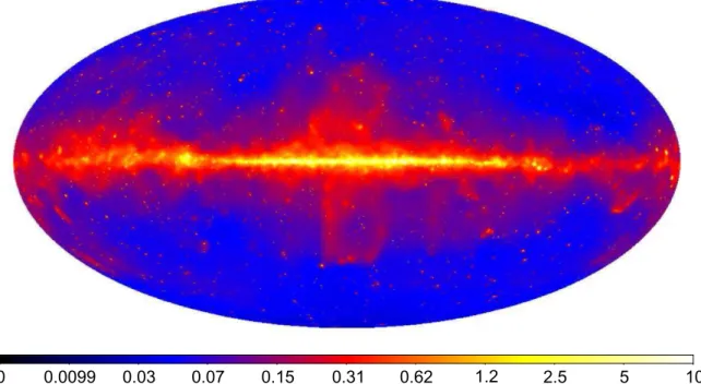 Figure 1. Adaptively smoothed Fermi-LAT counts map in the 10 GeV–2 TeV band represented in Galactic coordinates and Hammer–Aitoff projection