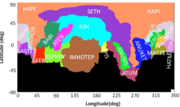 Figure 1. Cylindrical map of 67P/CG’s 19 geomorphological regions as defined by El-Maarry et al