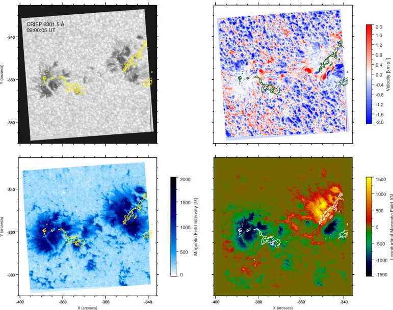 Figure 15. Top-left panel: SST/CRISP map in the continuum of the Fe I line at 603.15 nm acquired at 09:00:05 UT