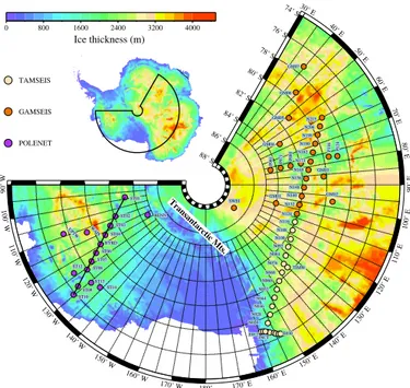 Figure 1.12 Locations of the three main seismic arrays in Antarctica: TAMSEIS, GAMSEIS, and POLENET (modified from Yan et al