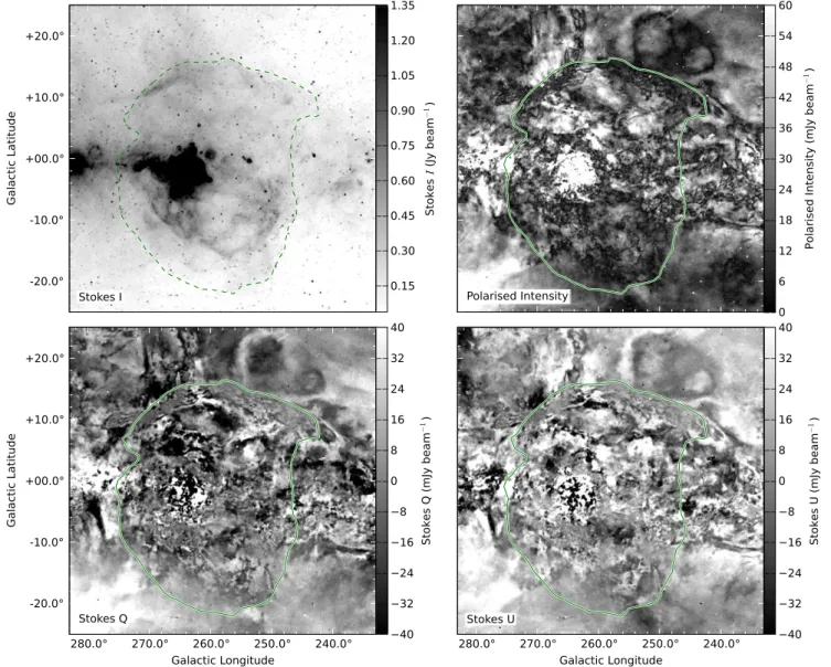 Figure 5. 2.3 GHz radio-continuum maps of the Gum Nebula from the S-PASS project. The data are calibrated in Janskys and may be converted to a main-beam brightness temperature scale in Kelvin by multiplying by 0.55