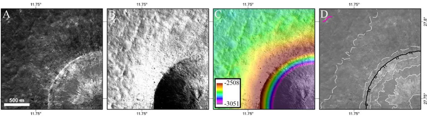 Fig.  3:  Northwestern  sector  of  Linné  crater  in  stereographic  projection  centred  at  27,7°N;  11.8°E  as  shown  in:  A)  NAC_ROI_LINNECTRHIA_E279N0118 with enhanced grey contrasts; B) NAC_ROI_LINNECTRLOA_E282N0119; 