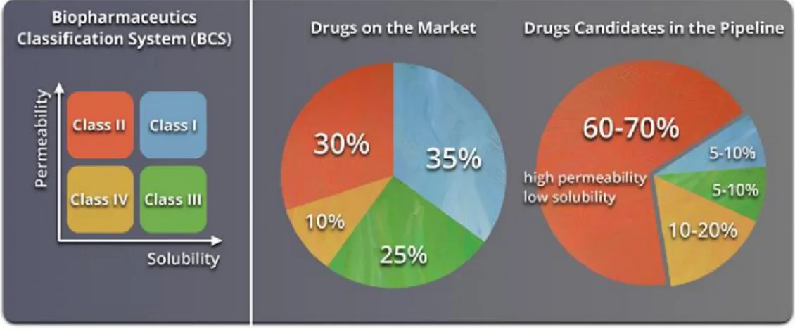 Figure 3. Representation of the Biopharmaceutics Classification System (BCS). The circle charts to the right show the estimated distribution of marketed and pipeline drugs by BCS classes