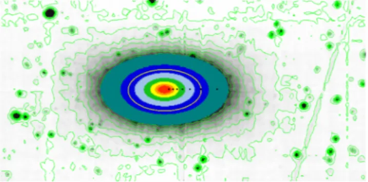 Figure 6. Contour map of NGC 1396 with radial bins overlaid on NGC 1396, with luminosity-weighted bin centres indicated with black dots
