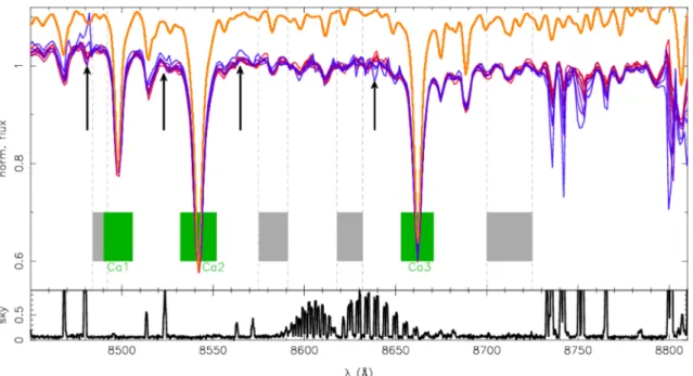 Figure 7. Spectral region of the CaT where all binned spectra (colour coded from the innermost bin in red to the outermost bin in blue) are overplotted together with a MIUSCAT model ([Z/H] = −0.4 and age ∼5.6 Gyr) in orange as reference