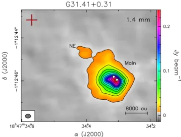 Fig. 1. ALMA map of the 1.4 mm continuum emission from the G31 HMC. The contours range from 7.5 (5σ) to 232.5 mJy beam −1 in steps of 22.5 mJy beam −1 (15σ)