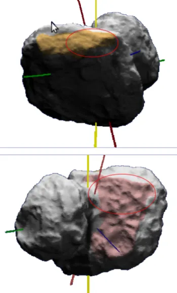 Figure 11. Location of the source regions identified in Fig.10 on the surface of the comet