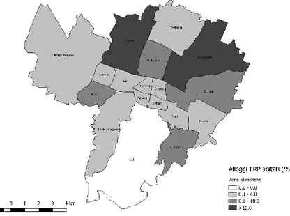 Figura  5.2.2.1.1.  Distribuzione  territoriale  degli  alloggi  ERP  abitati  al  2016  –  Bologna,  zone  statistiche 53