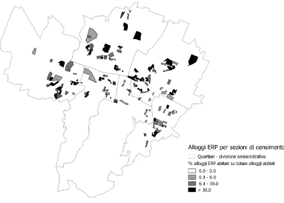 Figura 5.2.2.1.2. Distribuzione territoriale degli alloggi ERP – Bologna, sezioni censuarie