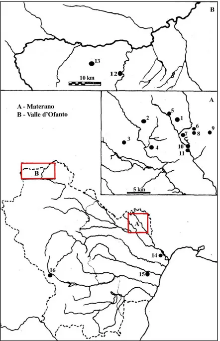 Fig. 1 – Carta di distribuzione dei  siti  neolitici della Basilicata, con evidenze  Serra  d’Alto,  citati  nel  testo; 