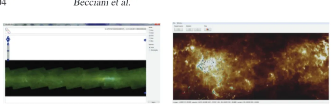 Figure 3. Screenshots of the 3D Visual Analytics tool. Left: Navigable overview of the galactic plane from -60 to +60 degree