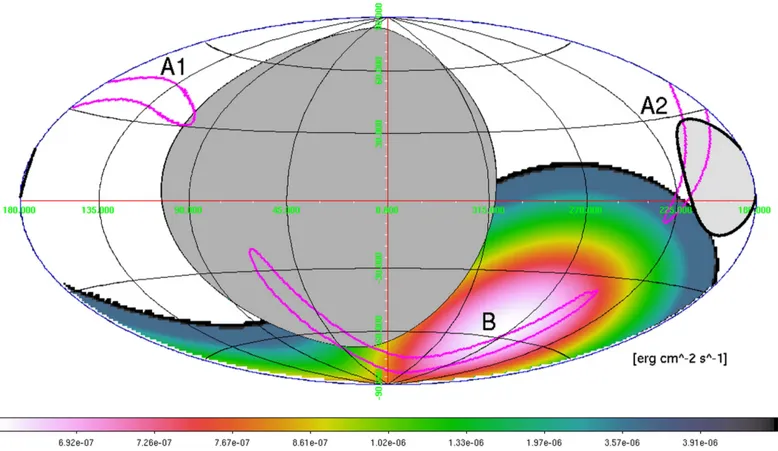 Figure 1. AGILE-GRID E &gt; 50 MeV sensitivity map (in erg cm s - 2 - 1 ) in Galactic coordinates based on the gamma-ray exposure at the detection time T 0 of GW170104