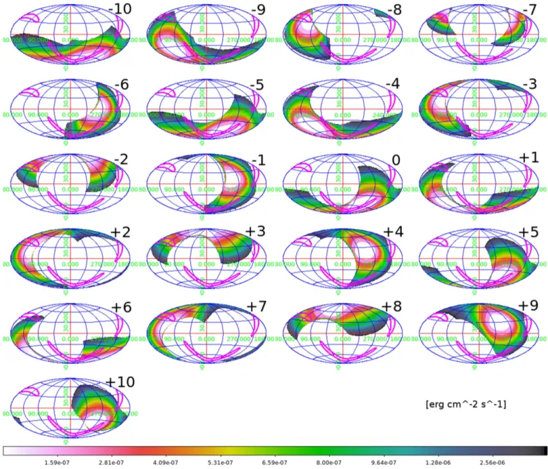Figure 3. Sequence of (E &gt; 50 MeV ) maps in Galactic coordinates showing the AGILE-GRID passes with the best sensitivity (in erg cm s - 2 - 1 ) over the GW170104 LR obtained during the period (−1000 s, + 1000 s) with respect to T 0 